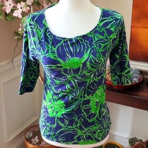 Lilly Pulitzer Navy and Lime Floral Tee